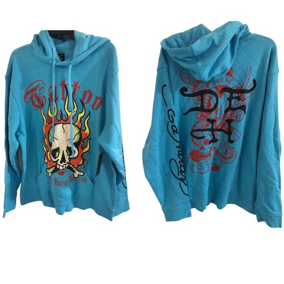 Ed Hardy Other - Ed Hardy Men’s blue Ed hardy inscription logo printed hoodie size XL brand new